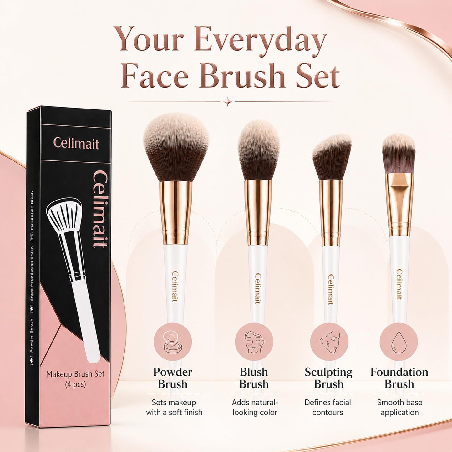 Makeup Brushes Set Professional & Beginner Friendly with Uniquely Designed Case, Soft Synthetic Bristles for Foundation Contour Blush Concealer Highlight Blending Eyeshadow, 12Pcs(Dark White)