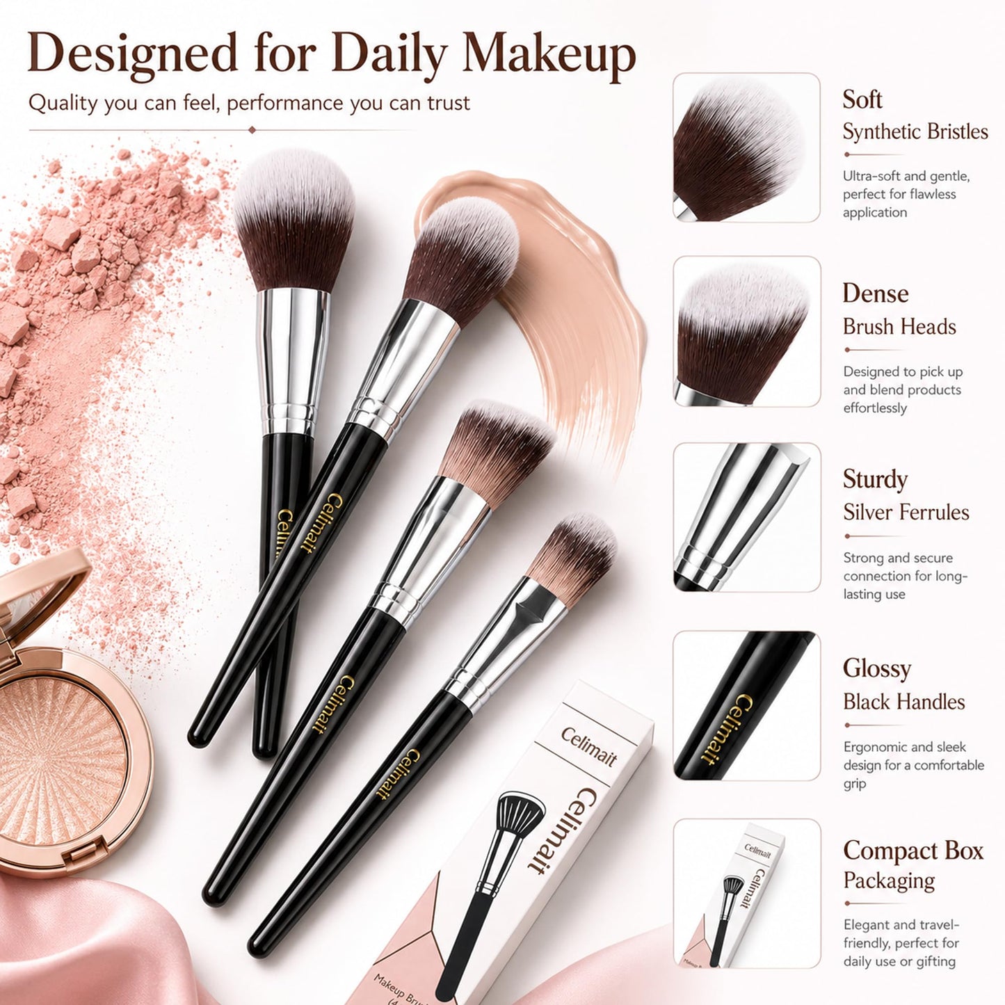 Makeup Brushes Set Professional & Beginner Friendly with Uniquely Designed Case, Soft Synthetic Bristles for Foundation Contour Blush Concealer Highlight Blending Eyeshadow, 12Pcs(Dark White)