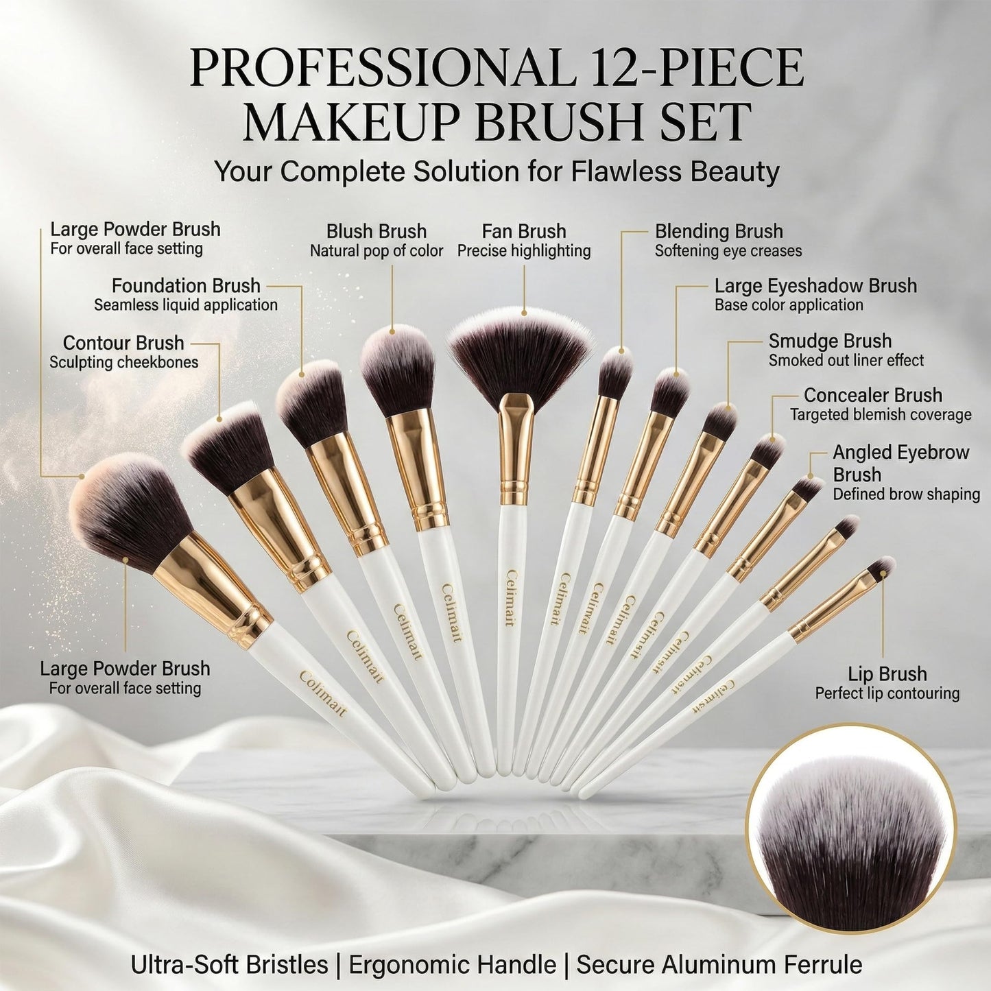 Makeup Brushes Set Professional & Beginner Friendly with Uniquely Designed Case, Soft Synthetic Bristles for Foundation Contour Blush Concealer Highlight Blending Eyeshadow, 12Pcs(Dark White)