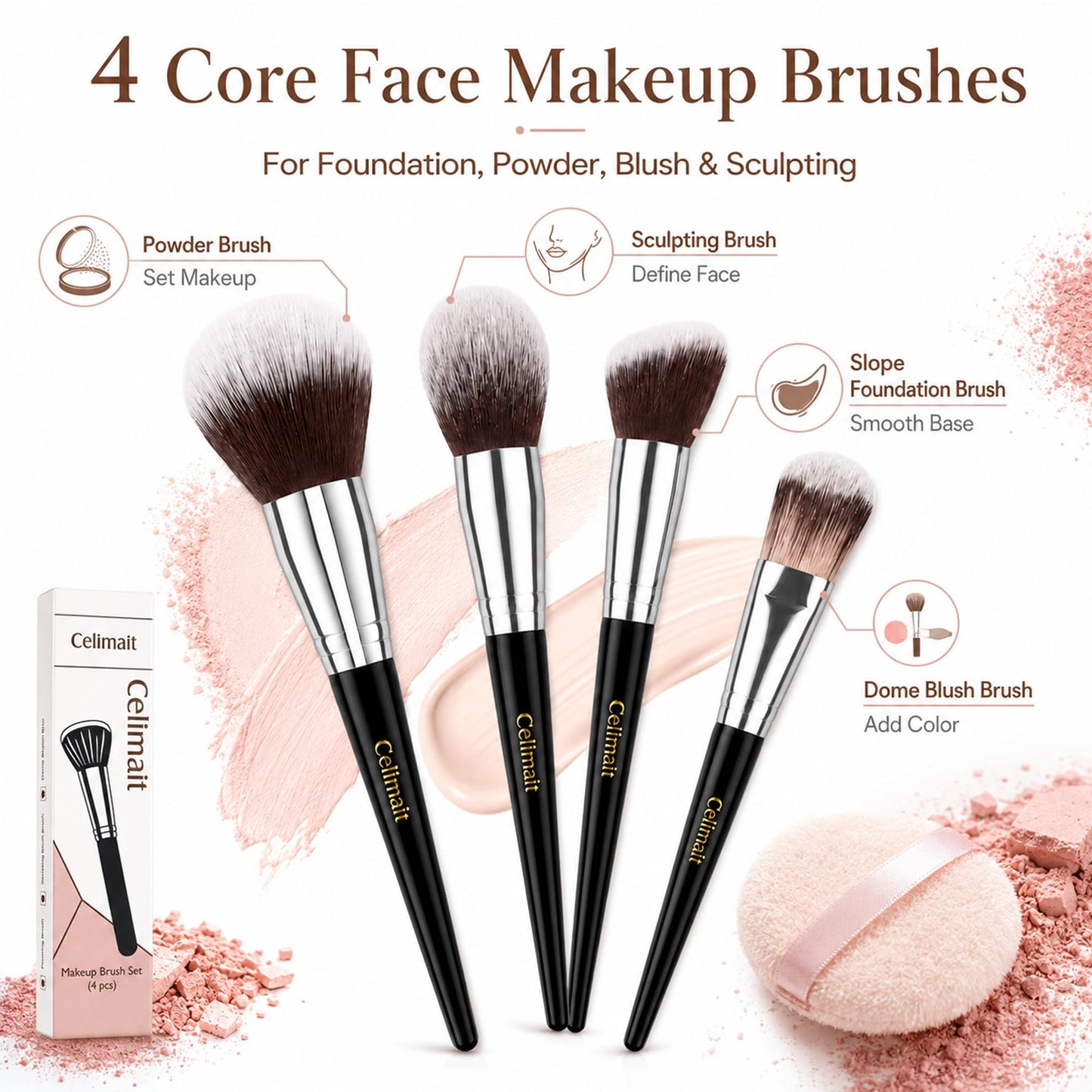 Makeup Brushes Set Professional & Beginner Friendly with Uniquely Designed Case, Soft Synthetic Bristles for Foundation Contour Blush Concealer Highlight Blending Eyeshadow, 12Pcs(Dark White)