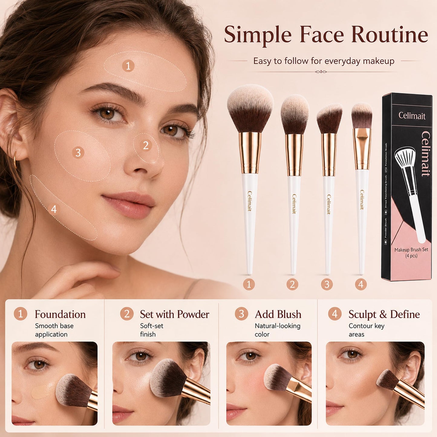 Makeup Brushes Set Professional & Beginner Friendly with Uniquely Designed Case, Soft Synthetic Bristles for Foundation Contour Blush Concealer Highlight Blending Eyeshadow, 12Pcs(Dark White)